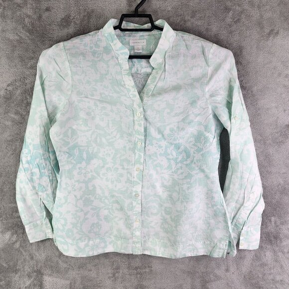 Womens Charter Club Blouse Shirt 100% Linen Teal White Floral Button Up Size 14 - Picture 2 of 10